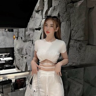 Áo kiểu tay ngắn croptop phối phi bóng ngực quấn dây eo cá tính