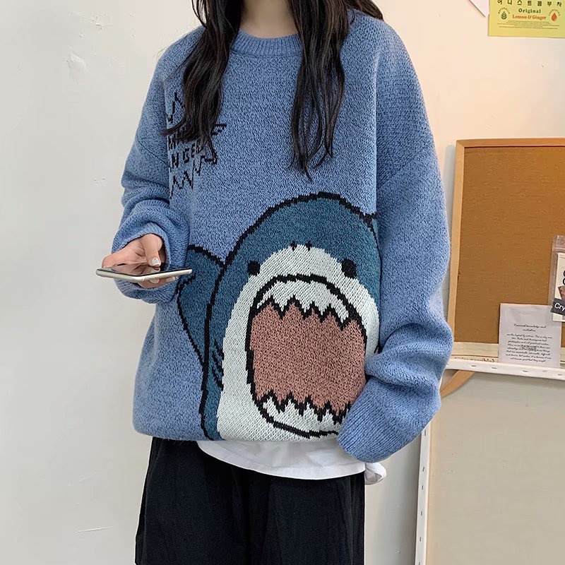 Áo sweater Dệt Kim Tay Dài Cổ Tròn In Hình Cá Mập Harahara Thời Trang Hàn Quốc Mới Cho Nam Và Nữ