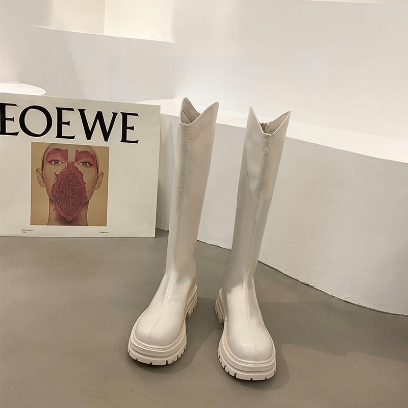 Bốt Cổ V Lót Lông Emy Boost Đùi Nữ Da Mềm Đế Bệt Cao 5cm