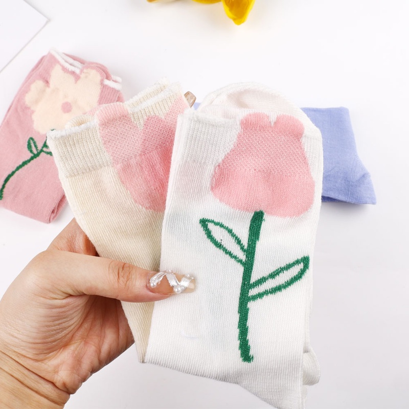 (Phong Cách Ngẫu Nhiên) Vớ Ngắn Thoáng Khí Hình Hoa Tulip Màu Kẹo Thời Trang Xuân Hè Đơn Giản Cho Nữ