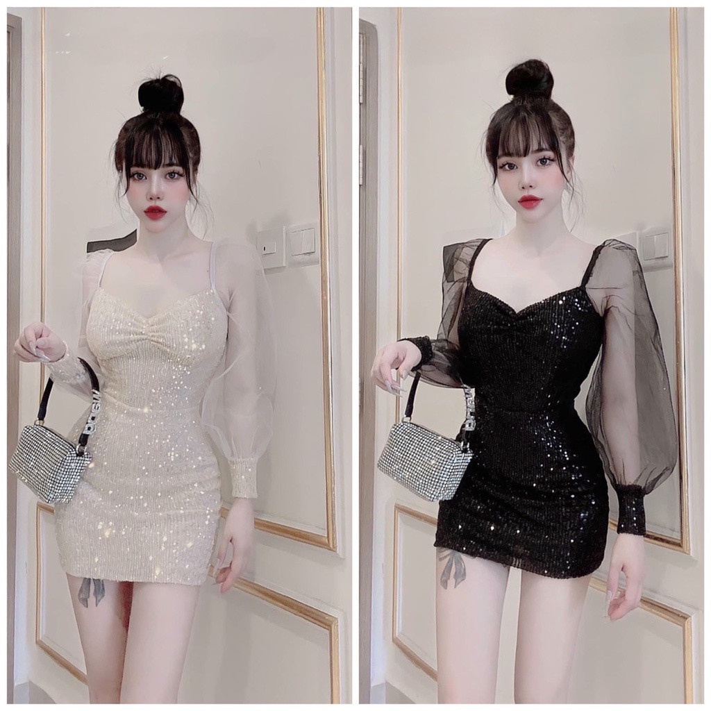 Váy đầm nữ body dự tiệc tay lưới dài bồng nhún ngực chất kim sa cao cấp cực sang chảnh cá tính