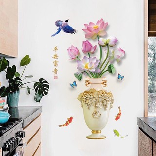 Decal dán tường trang trí phòng khách bình hoa sen