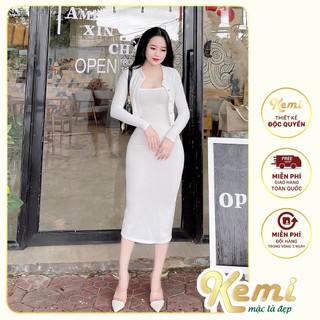 Đầm body kèm áo dài tay phối cúc đồng Kemi tôn dáng thướt tha
