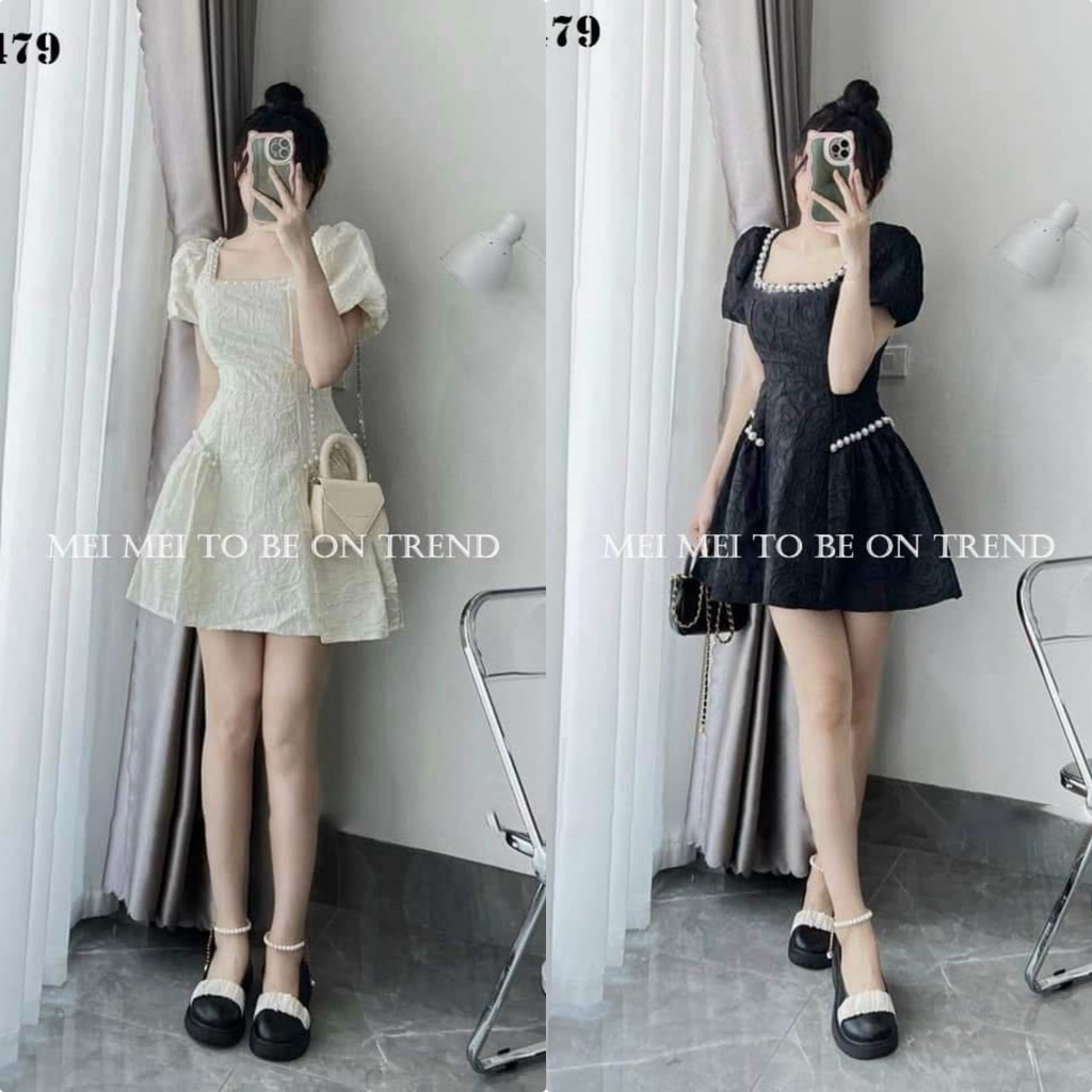 Đầm nữ tay phồng cổ vuông đính cườm (có mút) chất vải gấm cao cấp