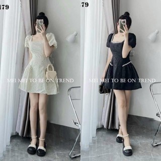 Đầm nữ tay phồng cổ vuông đính cườm chất vải gấm cao cấp