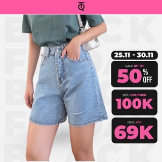 Quần jean ngố nữ màu xanh rách gối cao cấp TiQi Jeans N131