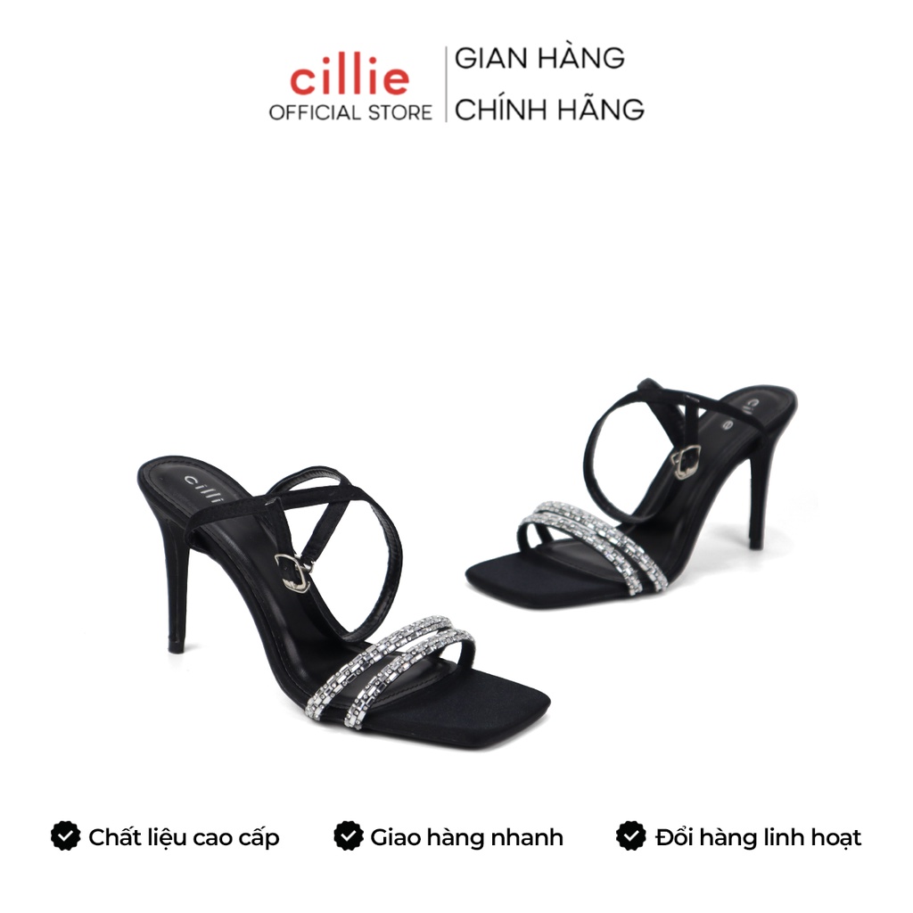 Giày sandal cao gót nữ quai mảnh ngang đính đá sang trọng gót nhọn thanh mảnh cao 9cm đi tiệc dự tiệc Cillie 1139