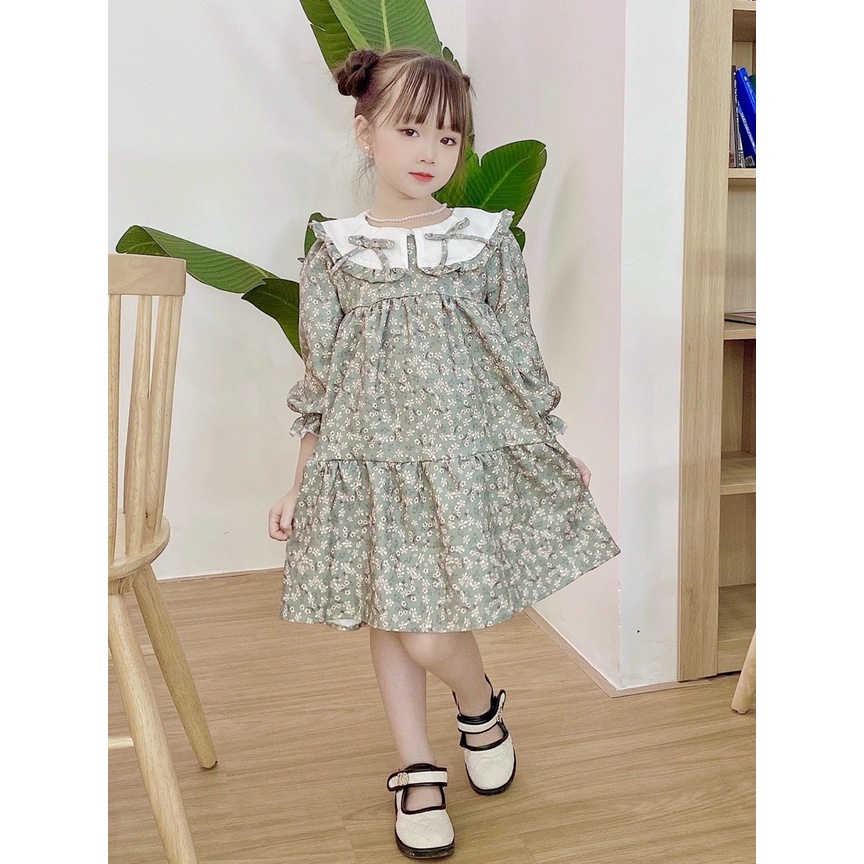 Váy cho bé gái từ 8-32kg chất nhung tăm lỳ màu xanh min hoa nhí có nơ cổ mềm mịn