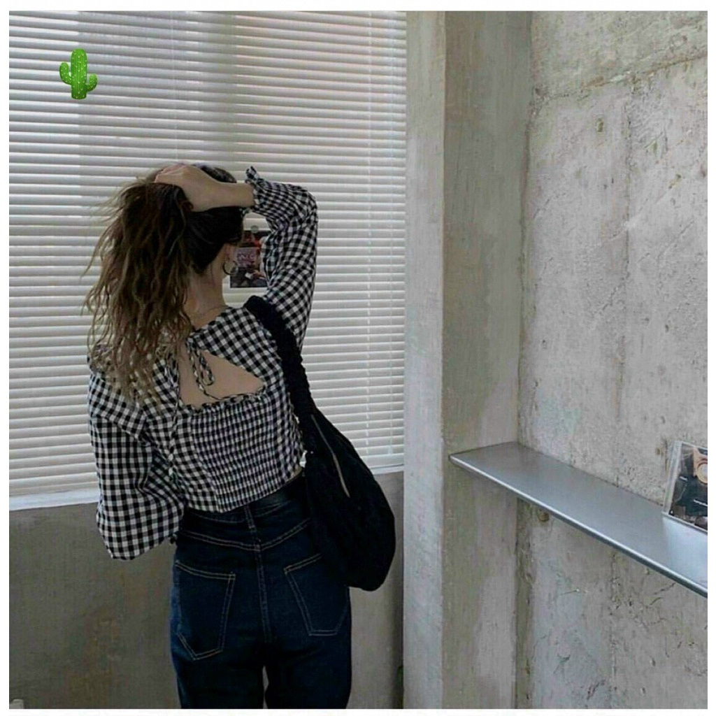 áo kiểu cổ vuông nhúm tay dài hở lưng v cột dây xinh mềm mịn