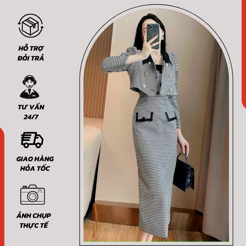Sét Bộ Đầm 2 Dây Caro Phối Túi Viền Đen Mix Áo Khoác Tay Dài - 1208