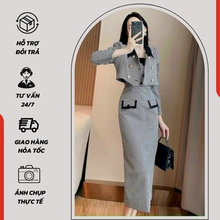 Sét bộ đầm 2 dây caro phối túi viền đen mix áo khoác tay dài - 1208