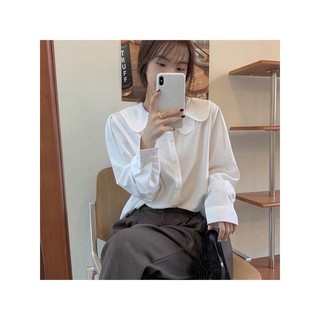 Áo sơ mi trơn cổ sen chất thô lụa màu be/trắng