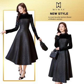 ĐẦM XÒE GẤM DÁNG DÀI CỔ TRÒN PHỐI NHUNG BLACK SWAN 3MD0644