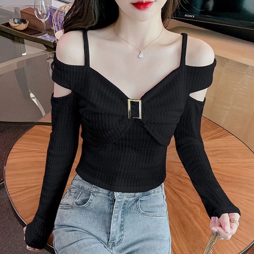 Áo croptop tay dài HAGA áo trễ vai nơ ngực sang trọng ATVN66