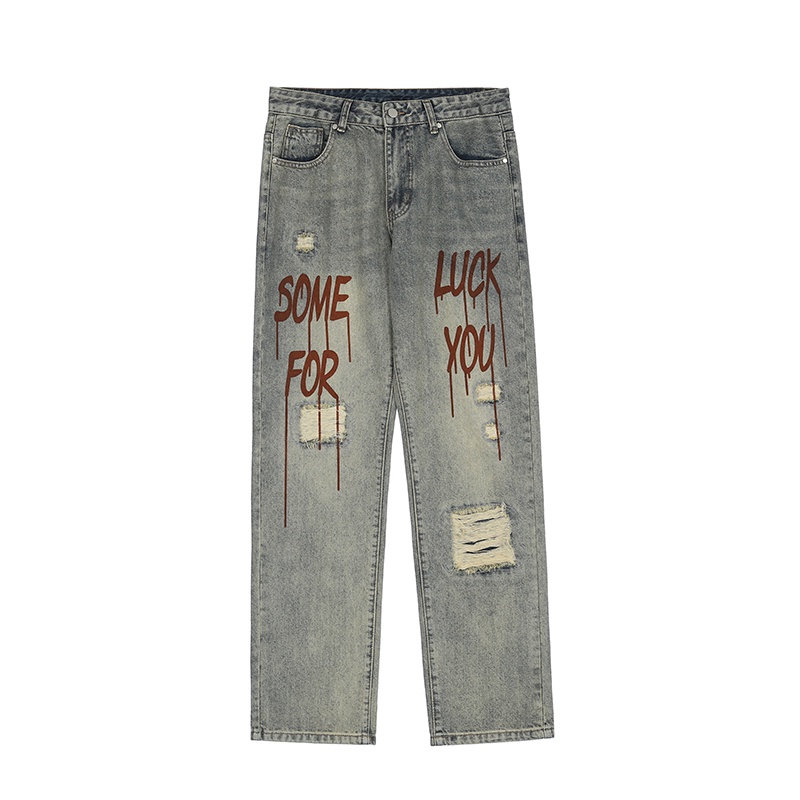 Jiashucheng Quần Jean Rách Dáng Suông In Chữ Cá Tính Thời Trang Phong Cách Đường Phố Retro