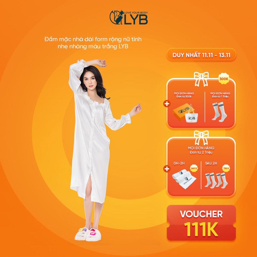 Đầm mặc nhà dài form rộng nữ tính nhẹ nhàng màu trắng LYB - FW22-H00003