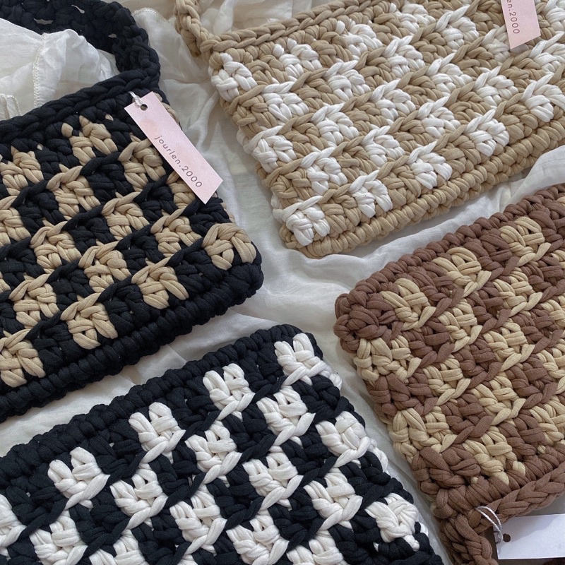 CHECKERED BAG, TÚI CARO LEN MÓC SỢI VẢI MẪU MỚI