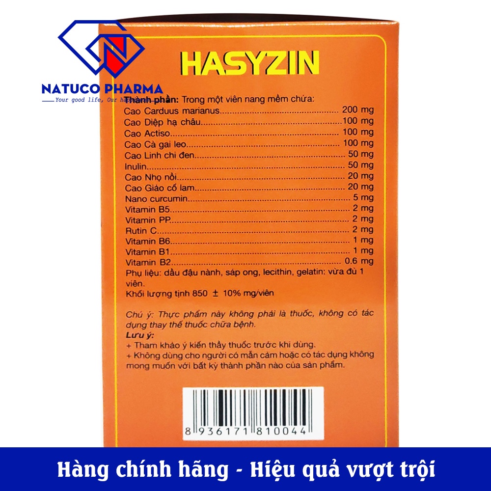Viên uống bổ gan HASYZIN - Cà gai leo, actiso, diệp hạ châu, linh chi - giúp giải độc gan, mát gan, lợi mật 100 viên