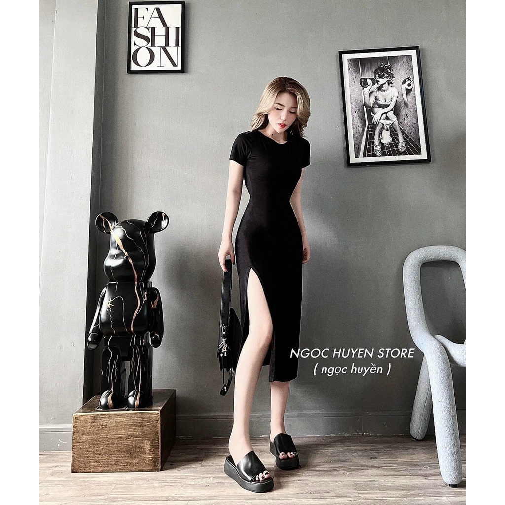 Đầm thun borip cổ tròn tay ngắn- đầm ôm body co giãn-dáng dài sẽ một bên- đầm đen nữ đơn giản dễ mặc