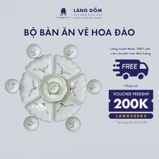 Bộ bát đĩa hoa mặt trời men trắng vẽ hoa đào, gốm sứ Bát Tràng cao cấp - LÀNG GỐM