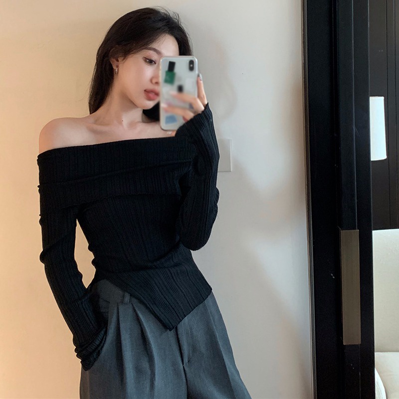 Áo Dệt Kim Tay Dài Trễ Vai Màu Sắc Thanh Lịch Cho Nữ