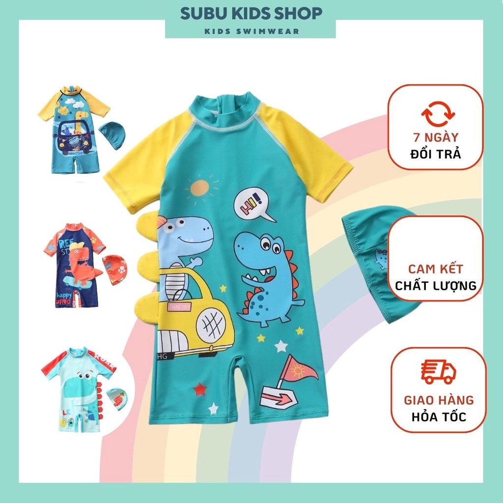 Đồ bơi bé trai liền thân kèm mũ họa tiết khủng long và hươu cao cổ nhiều màu sắc size từ 10-28kg