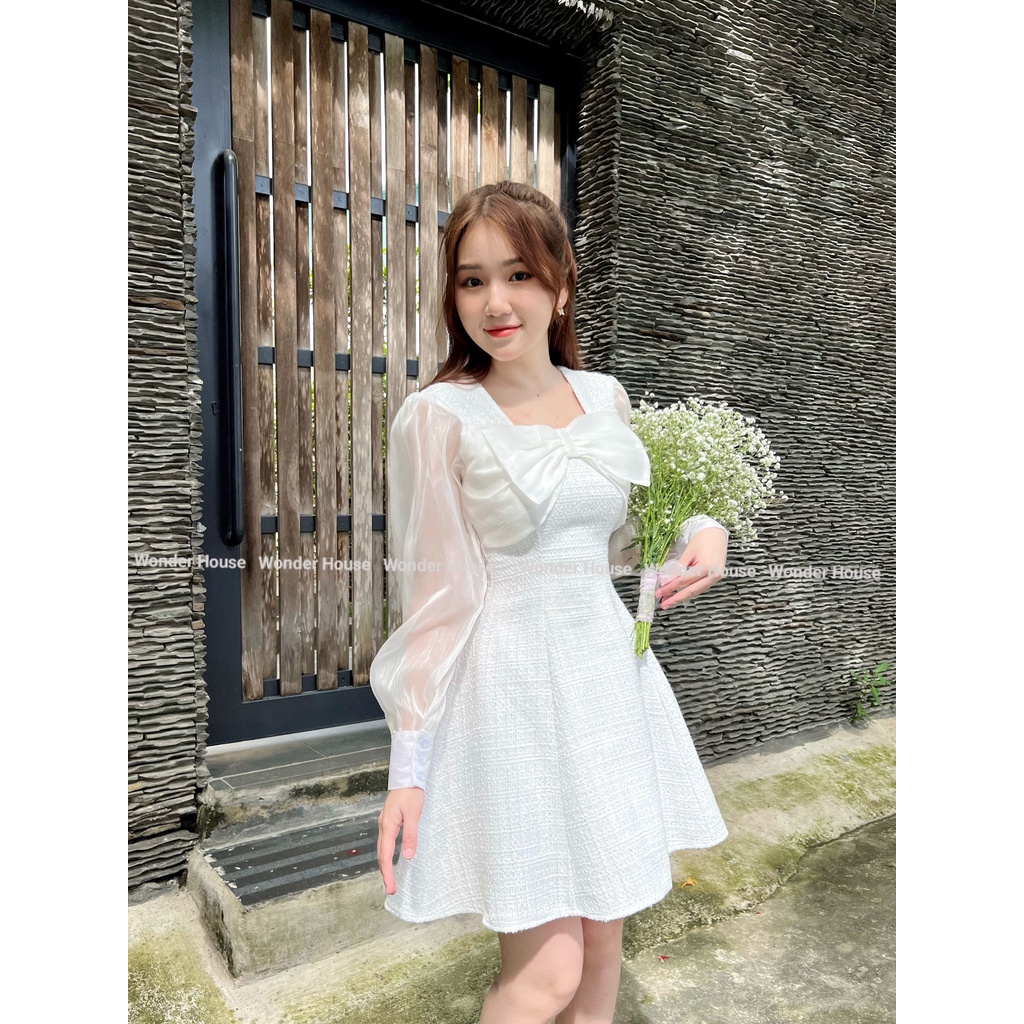 Wonderhouse Riri Dress đầm cổ vuông nơ tay dài form trái bí chất vải dày dặn dự tiệc sang chảnh