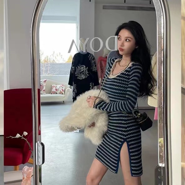 SUXI Đầm Dệt Kim Dáng Ôm In Kẻ Sọc Màu Sắc Cổ Điển Thời Trang Thu Đông Xinh Xắn Cho Nữ