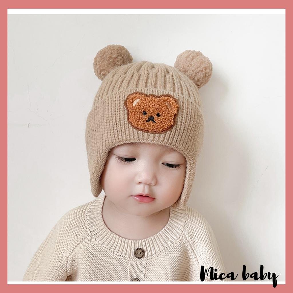 Mũ len bịt tai cục bông đính gấu dễ thương cho bé ML214 Mica baby