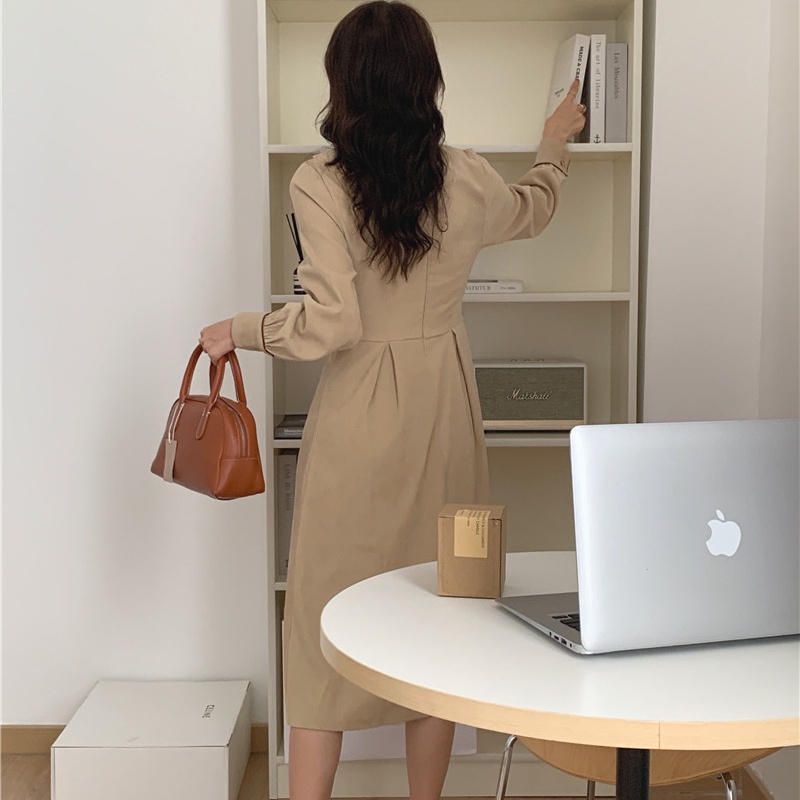 Đầm SUXI dáng chữ A cổ bẻ màu sắc vintage thời trang mùa thu phong cách Hàn Quốc