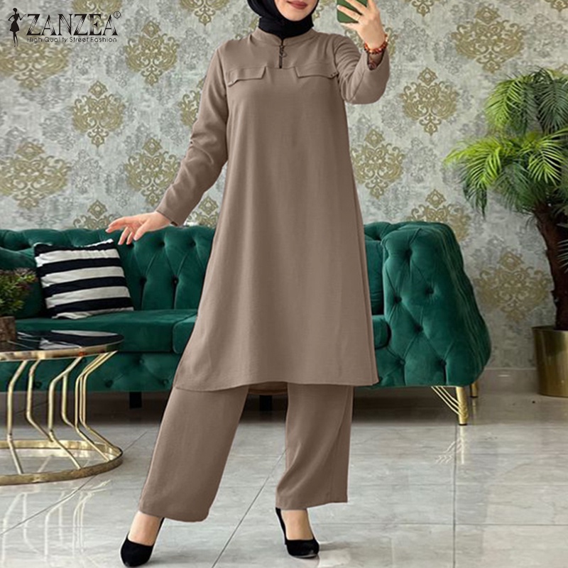 Set đồ 2 món Zanzea gồm áo tay dài có khóa kéo phía trước và quần dài ống rộng phong cách Hồi Giáo thời trang cho nữ