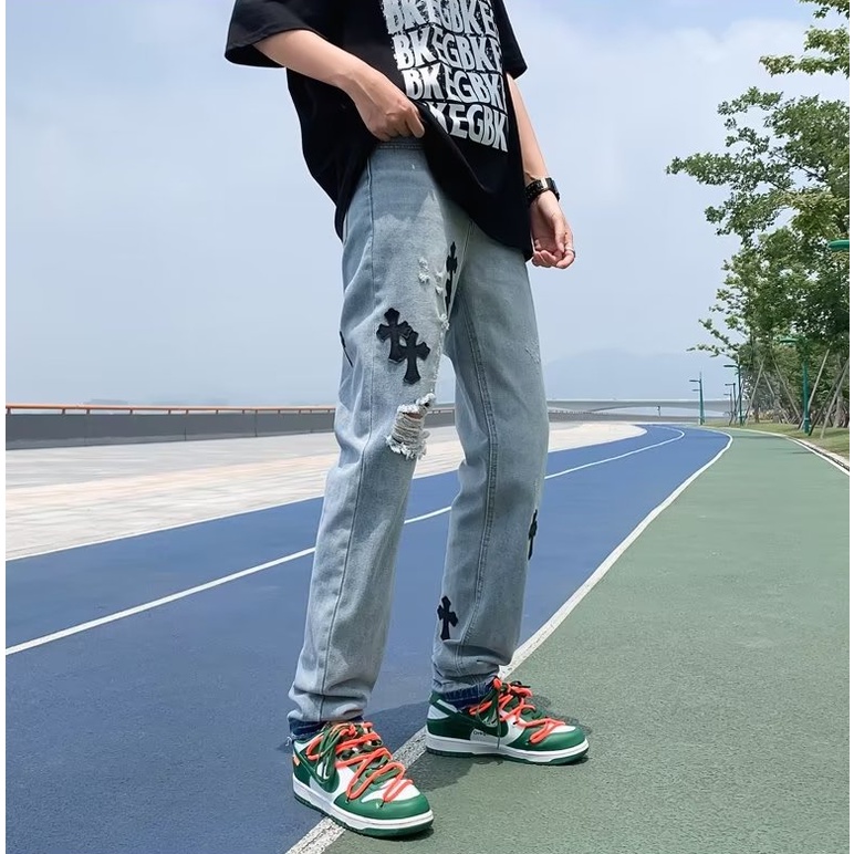 Quần Jean Rách In Họa Tiết Đơn Giản Cá Tính Cho Nam Nữ