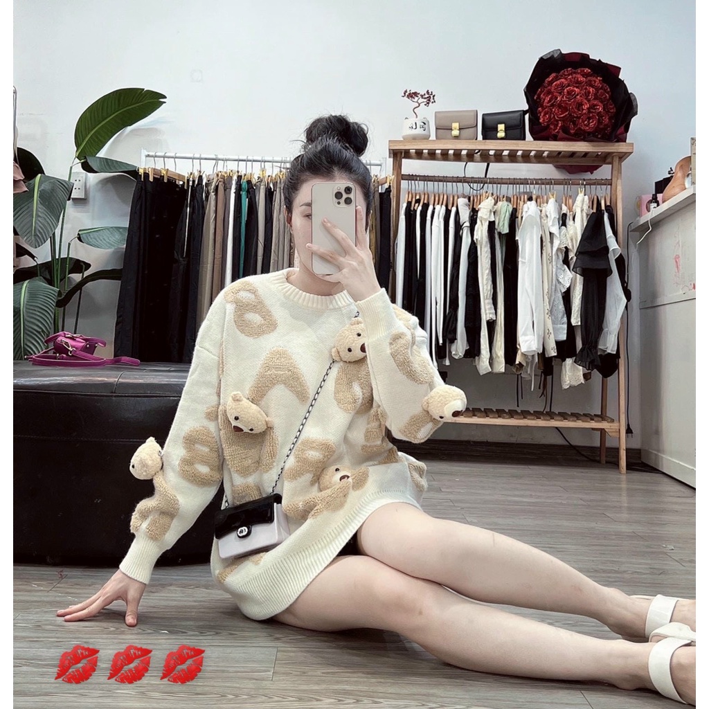 Áo len sweater chữ xù nổi đính gấu rời AL85