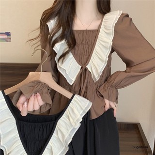 SUGEMIUSI Hàng Mới Về Mới Áo Sơ Mi Tay Dài Phối Bèo Màu Đen Phong Cách Pháp Thời Trang Mùa Thu Cho Nữ