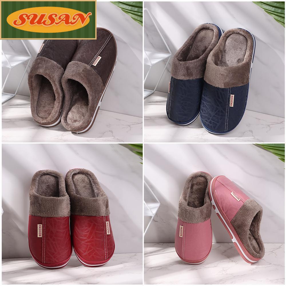 Dép mang trong nhà chất liệu da PU/cotton nhung dày giữ ấm kháng nước