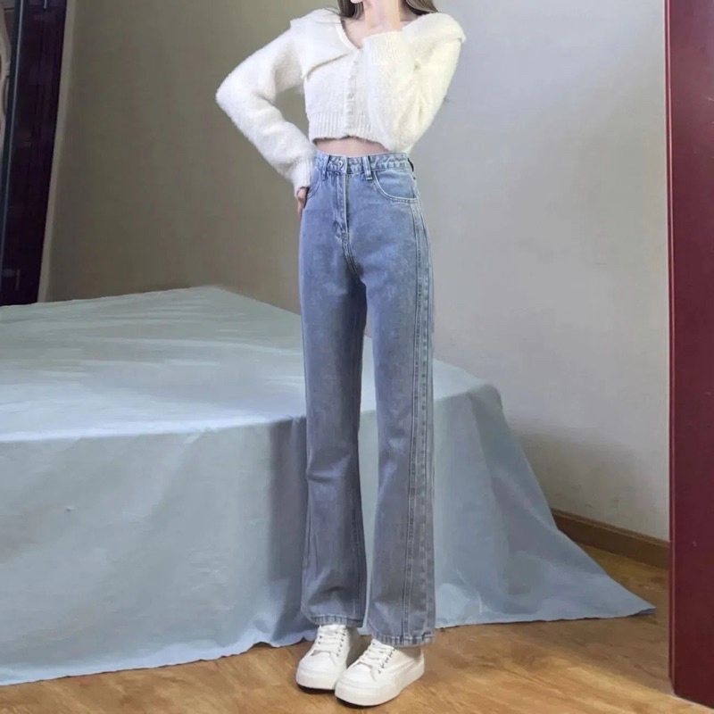 Quần Jeans Nữ Dài Ống Loe Gân Màu Xanh Nhạt Thời Trang Cạp Cao Phong Cách Ulzzang Hàn Quốc Loại 1 Đủ Size