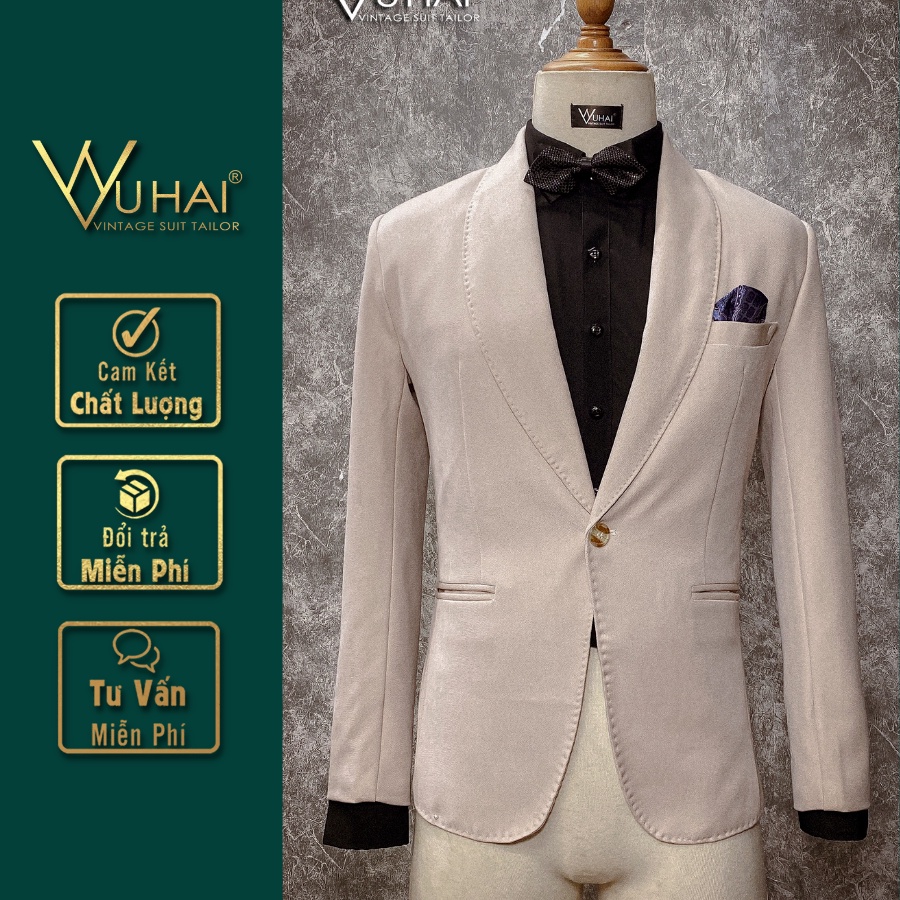 Vest nam Chú Rể màu kem be cổ sam from dáng Hàn Quốc 1 cúc đẹp-VuHai