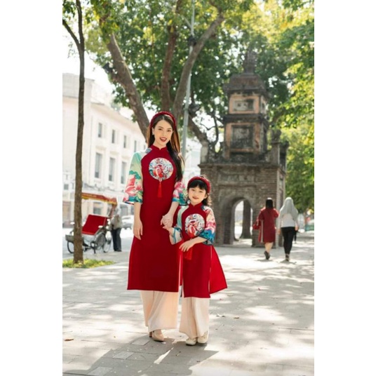 Áo dài bé trai bé gái long phụng, áo dài gia đình chất tafta phối tay in lạ mắt - Áo Dài Sài Gòn H&T