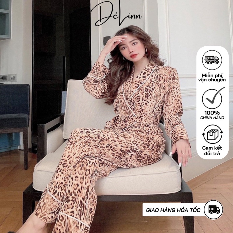 Đồ bộ pijama nữ DELINN pijama lụa mango thắt nơ hoạ tiết da beo quyến rũ cho nàng( Đồ ngủ Pijama lụa/ đồ bộ mặc nhà cao)