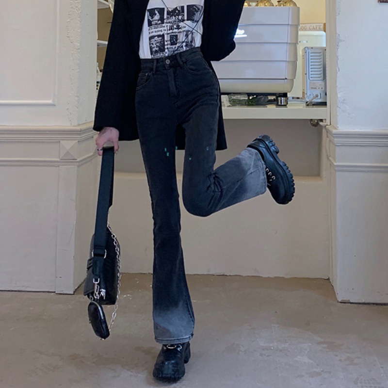 IELGYQuần denim Đen Xám Lưng Cao Phong Cách Hong Kong Cho Nữ
