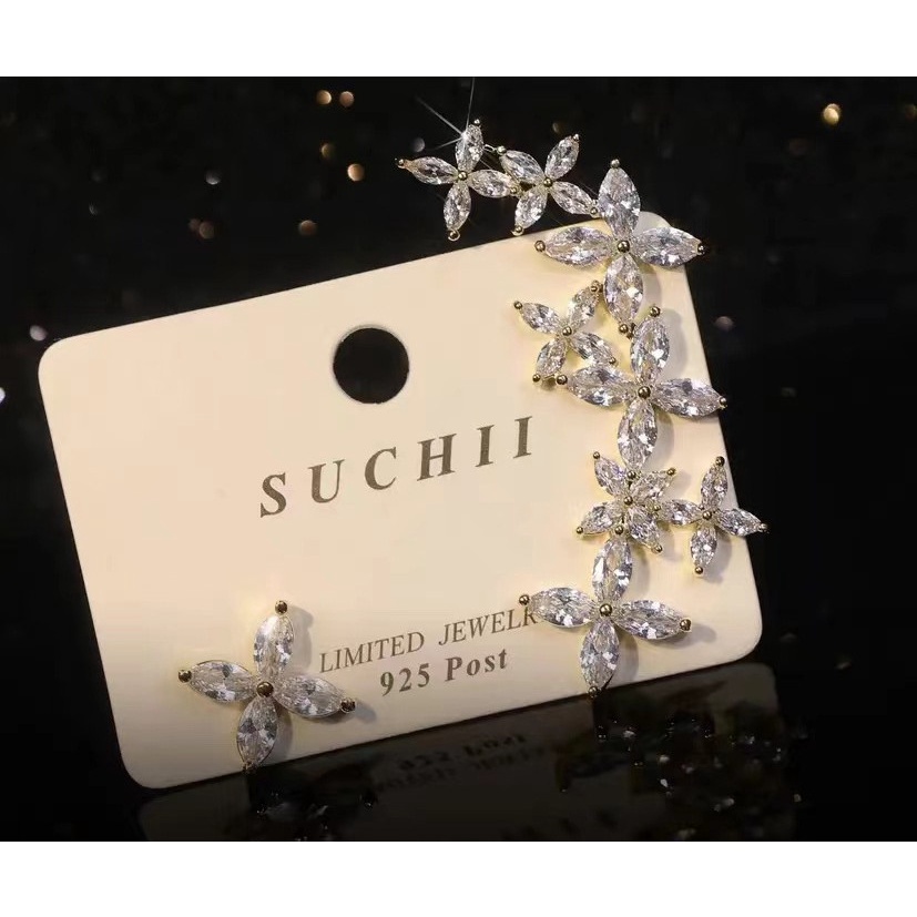 Bông tai, khuyên tai gắn vành tai đính hạt hình cỏ 4 lá dành cho nữ Hàn Quốc