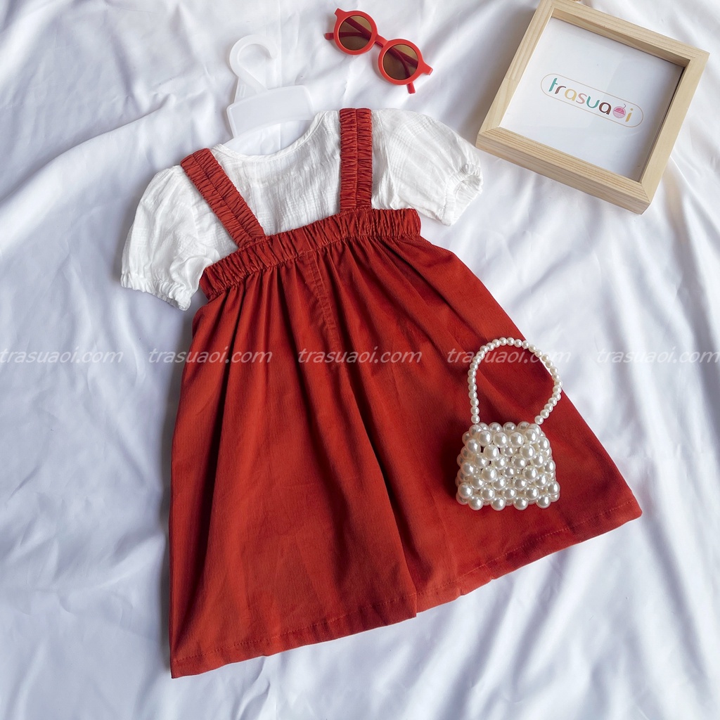 Set yếm quần bé gái, yếm cam đất nhung tăm kèm áo trắng cho bé gái từ 8 - 26kg - TRASUAOI D018