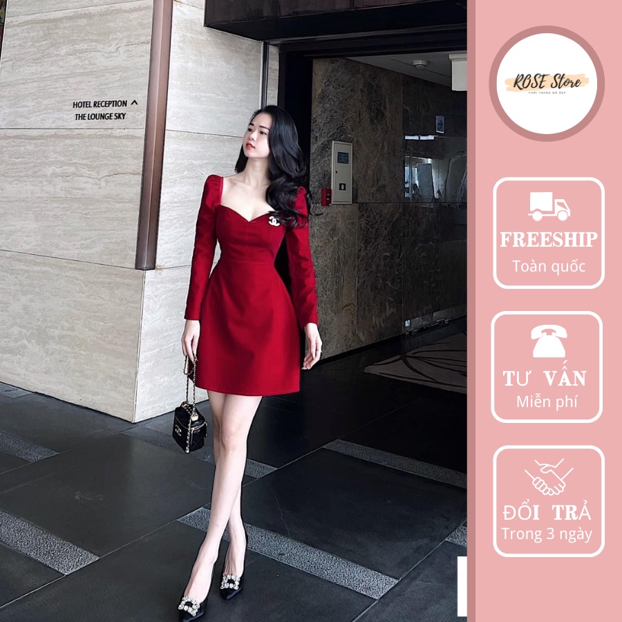 Váy nhung tay dài cổ U kèm tag đá CN hai màu đỏ đen size SM ROSE STORE