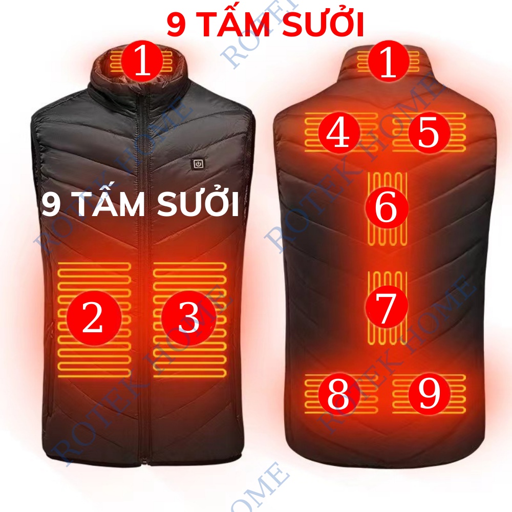 Áo Sưởi Ấm Nhật Bản 9 Điểm Tạo Nhiệt Siêu Nhẹ , Bộ Áo Sưởi Ấm, Áo Ghi Lê Sưởi Ấm Có Điều Chỉnh Nhiệt Độ từ 35 - 55 độ C