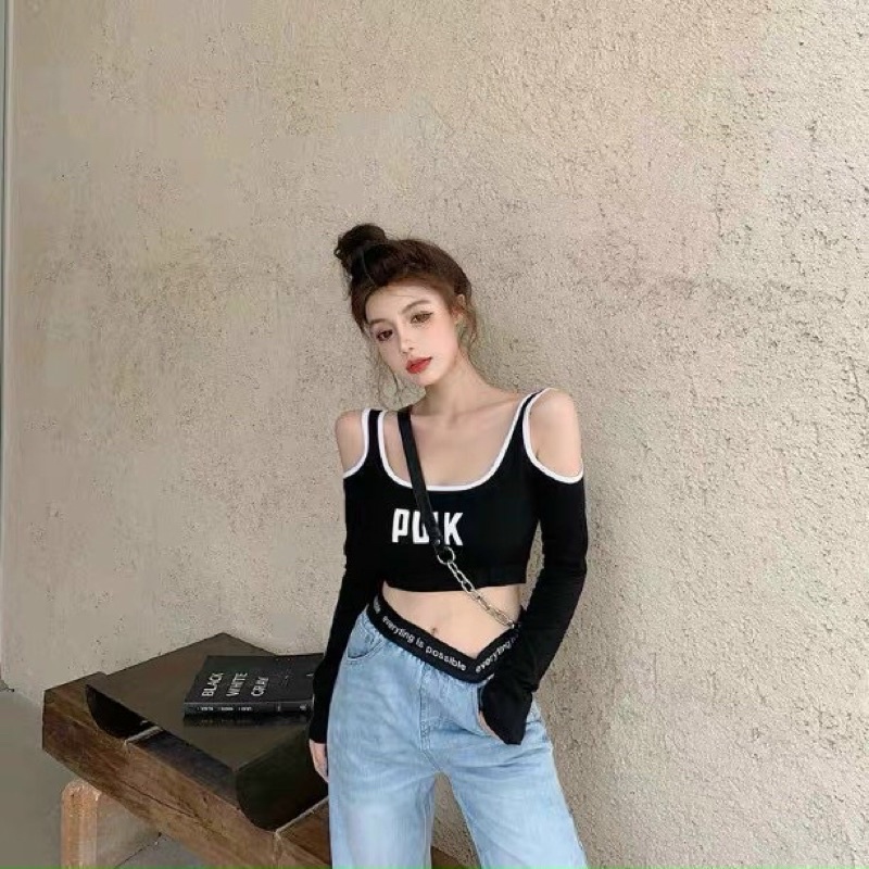 [Hot] ÁO KIỂU HỞ VAI VIỀN IN CHỮ PUNK CHẤT BORIP CO GIÃN TAY DÀI CHIZISHOP P001