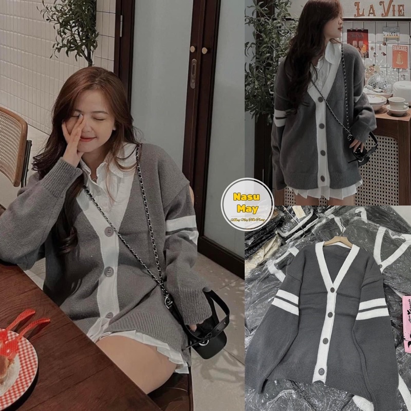 [Mã FATREND2810 giảm đến 30k tối đa 99k] Áo Khoác Cardigan Màu Xám Viền Trắng 2 Sọc tay Cúc Cài (mẫu mới)