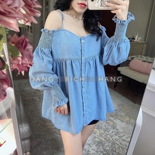 Áo trễ vai dài tay, áo sơ mi bò 2s trễ vai tay dài chun