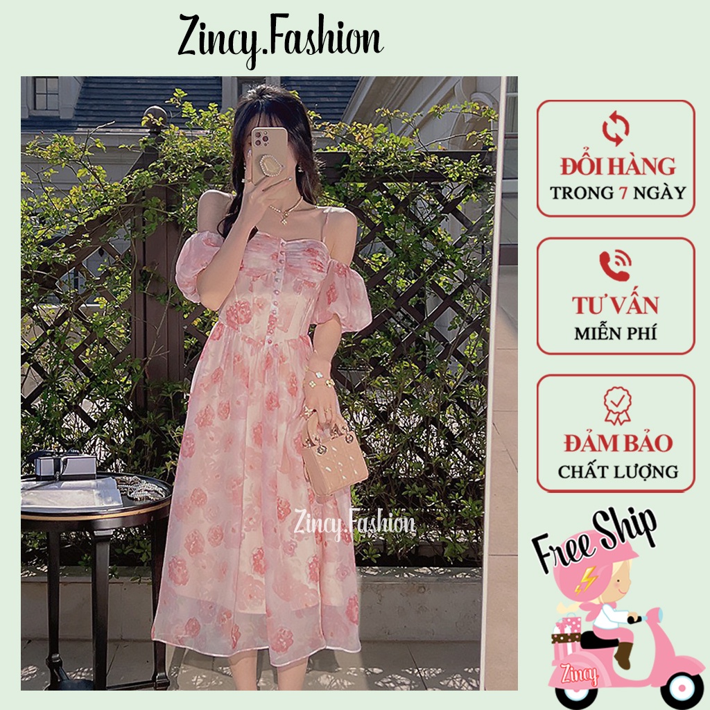 Đầm trễ vai cúp ngực voan hoa hồng phối cúc dáng dài Váy midi xoè có mút ngực phong cách retro ngọt ngào Zincy DHHTV02