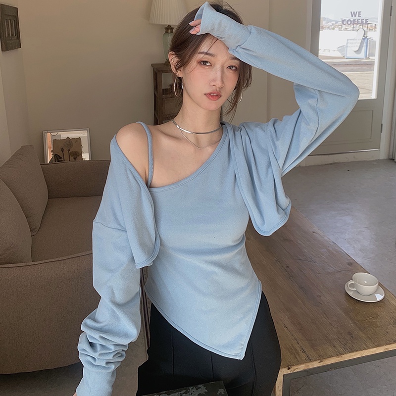 SUXI Áo Croptop Tay Dài Màu Sắc Thanh Lịch Phong Cách Hàn Quốc