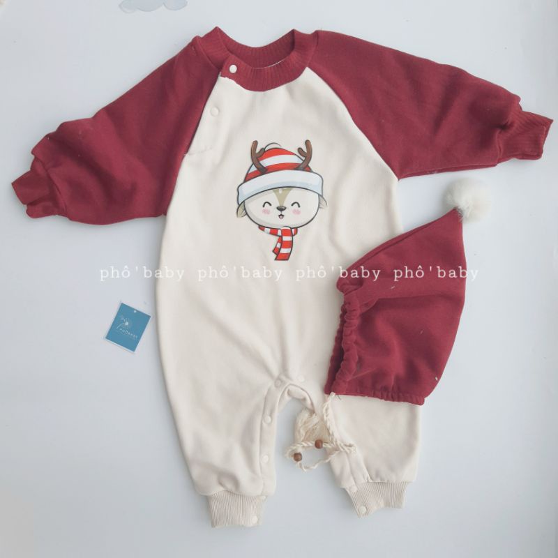 bộ liền thân tay ranglan đỏ nỉ bông Giang sinh (chưa mũ)